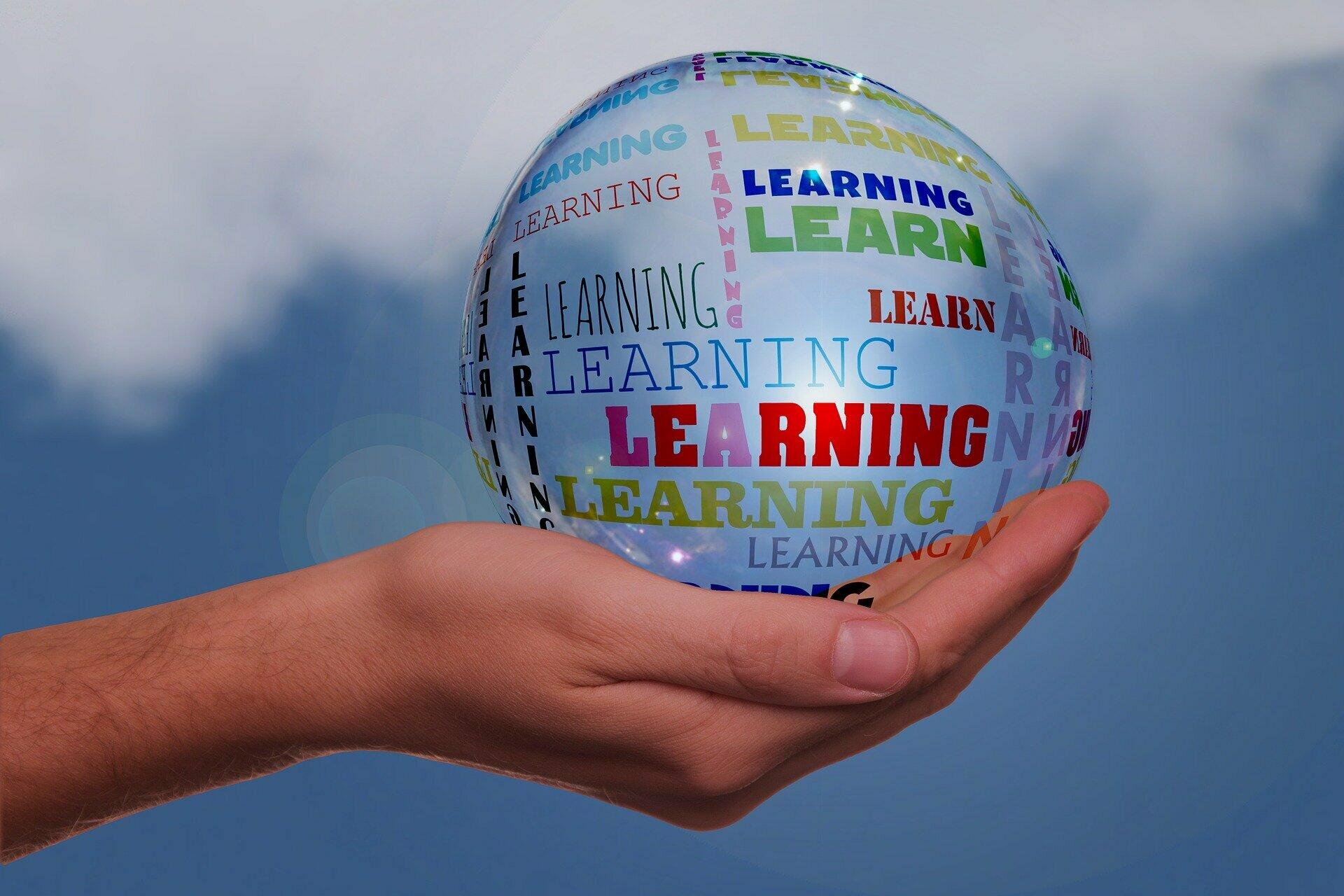 Kugel in einer Hand mit dem Wort Learning