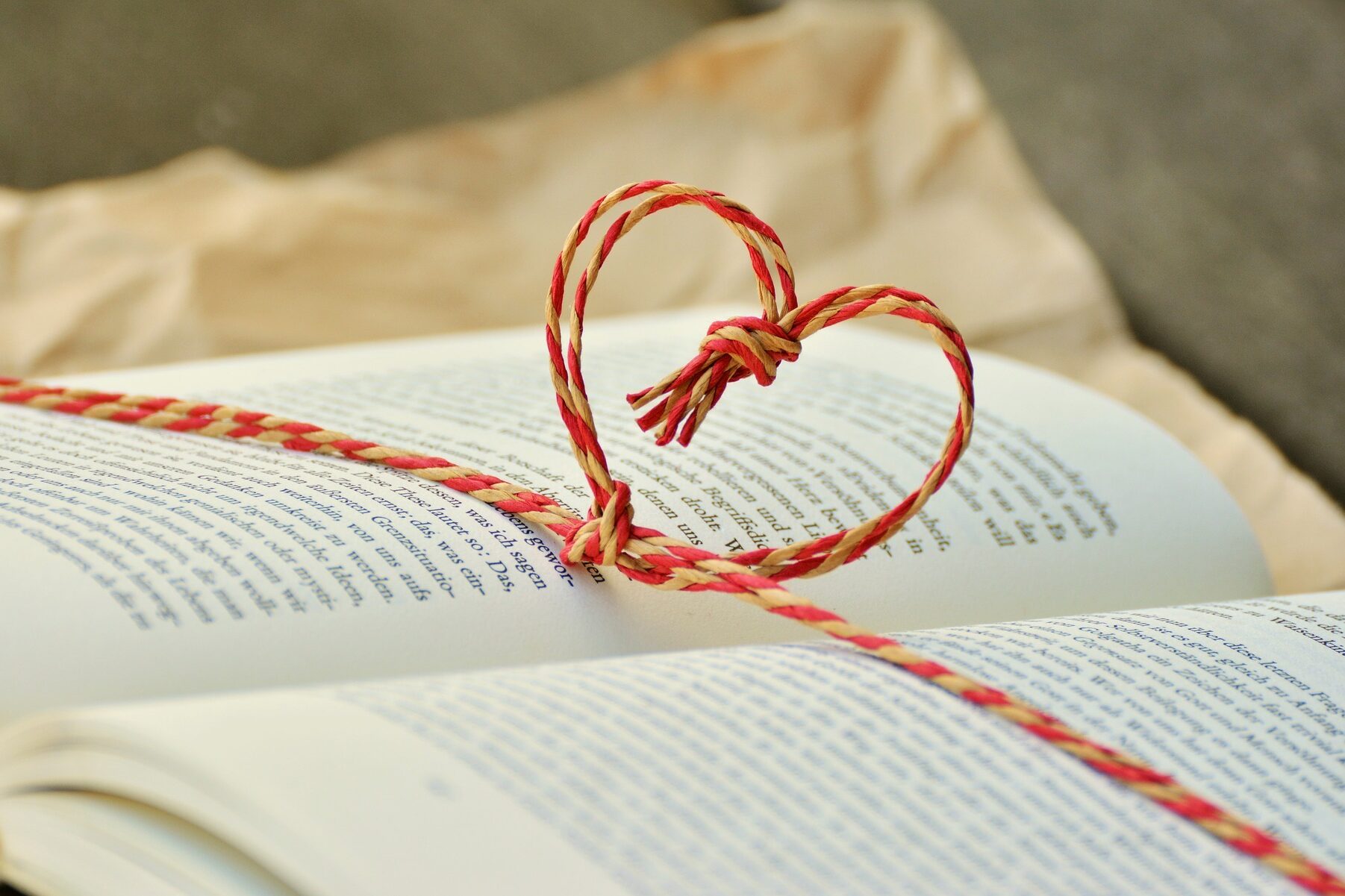 Aufgeschlagenes Buch mit Geschenkband umwickelt, das zu einem Herz geformt ist. Zur Veranschaulichung der Wichtigkeit von Bildung.
