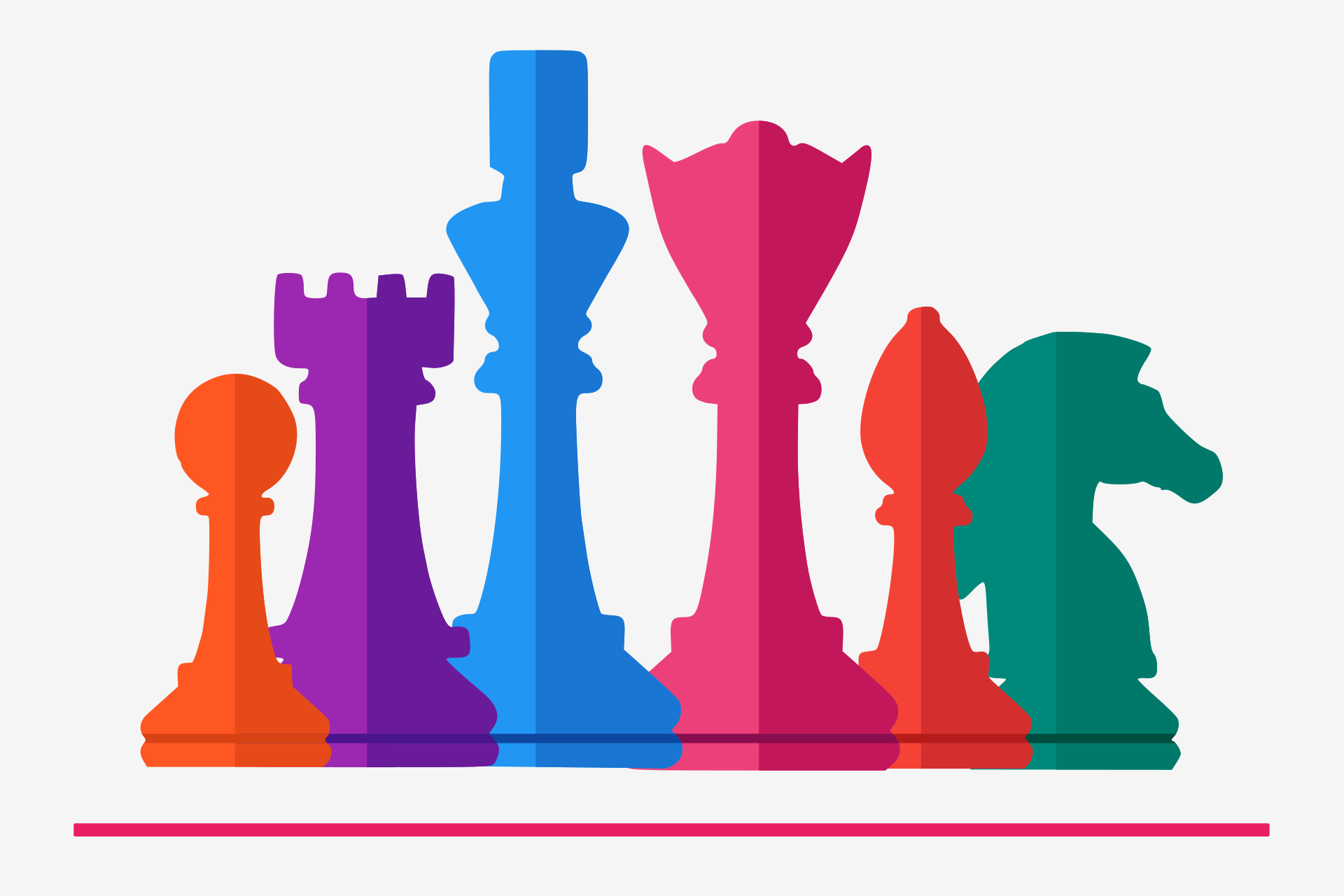 Bunte Schachfiguren: Bauer, Turm, König, Königin, Läufer, Pferd