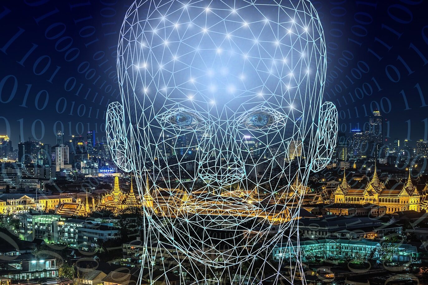 Künstliche Intelligenz, Gehirn, Denken visualisiert durch einen computergezeichneten Kopf vor einer Städtelandschaft.