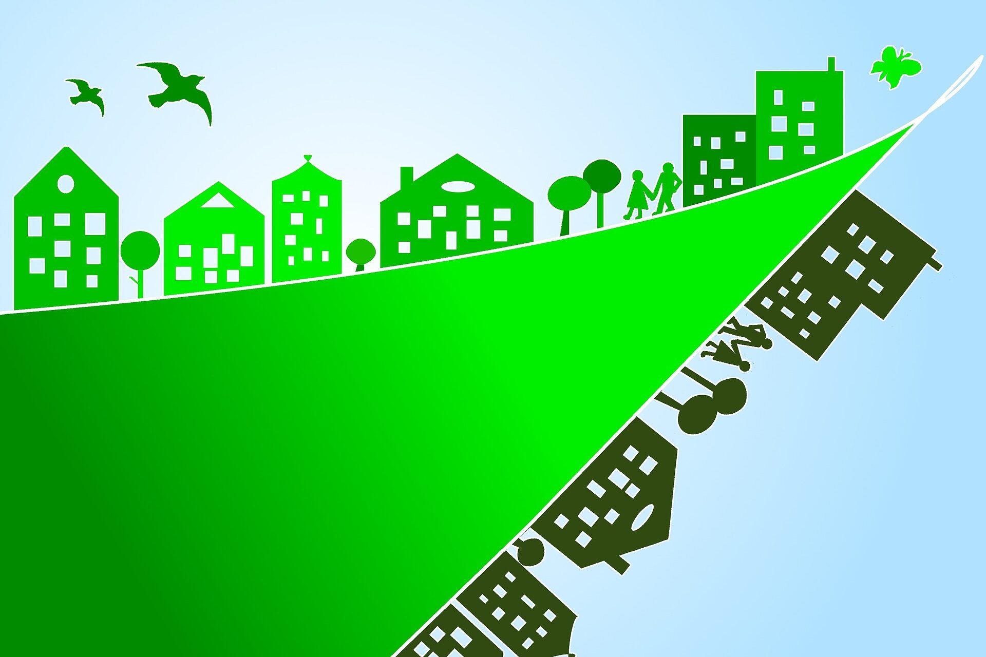 Grafik mit Häusern und Vögel in grün gehalten zur Veranschaulichung von Klimaschutz