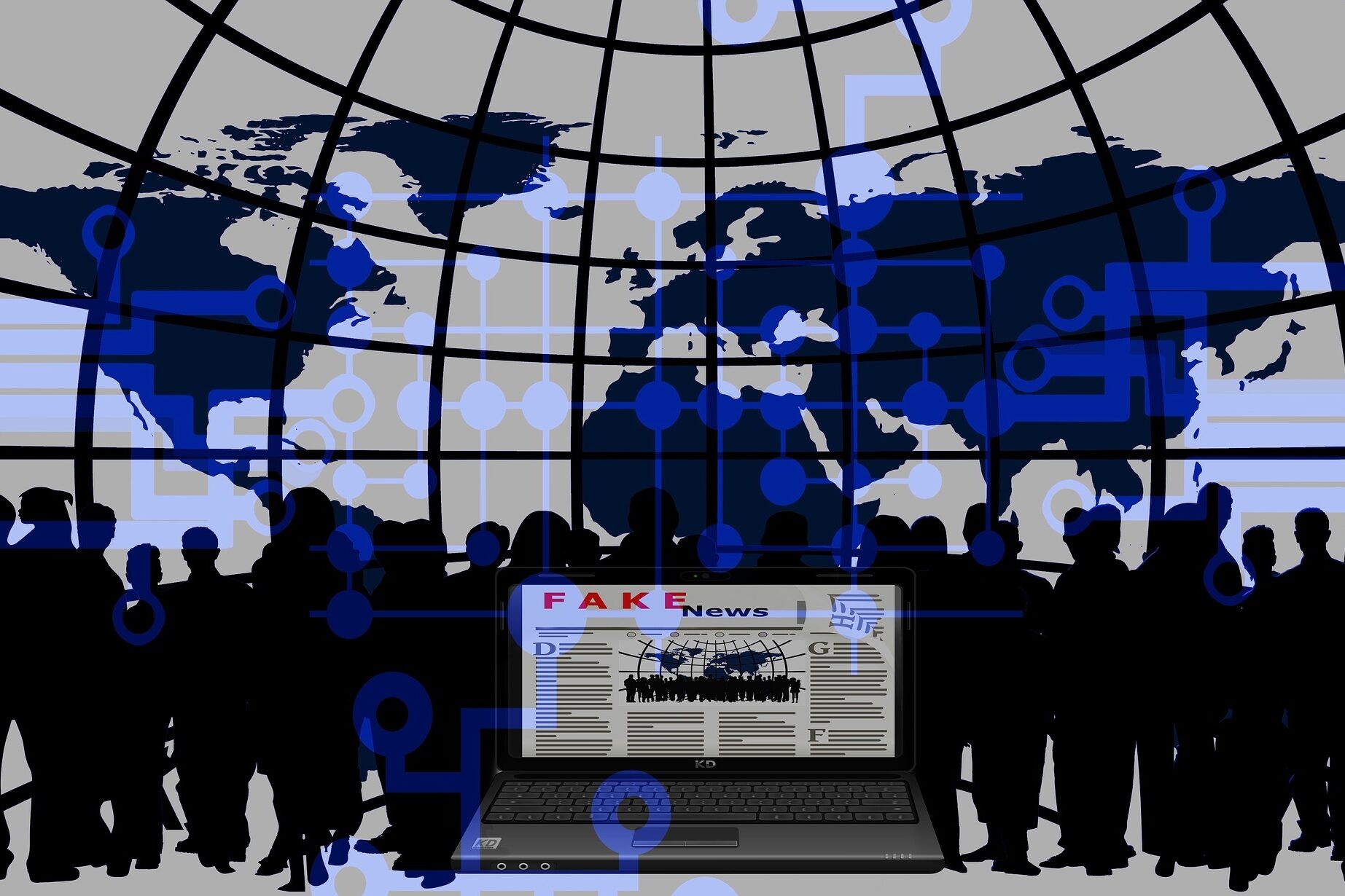 Grafische Darstellung von Menschen vor einer Weltkugel und einem geöffneten Laptop mit der Aufschrift Fake News