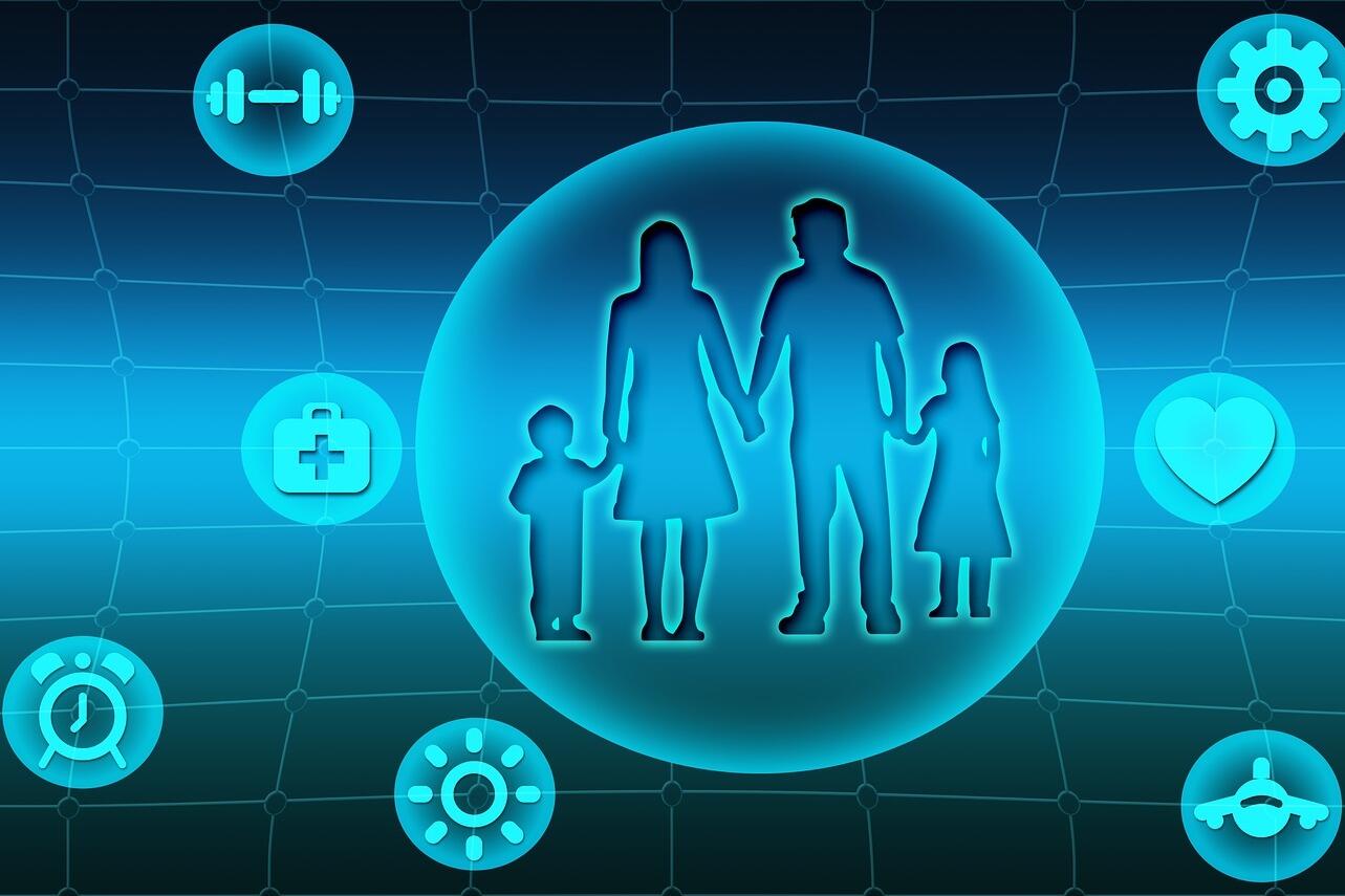 Grafische Darstellung einer Familie, die im Mittelpunkt des Lebens steht.