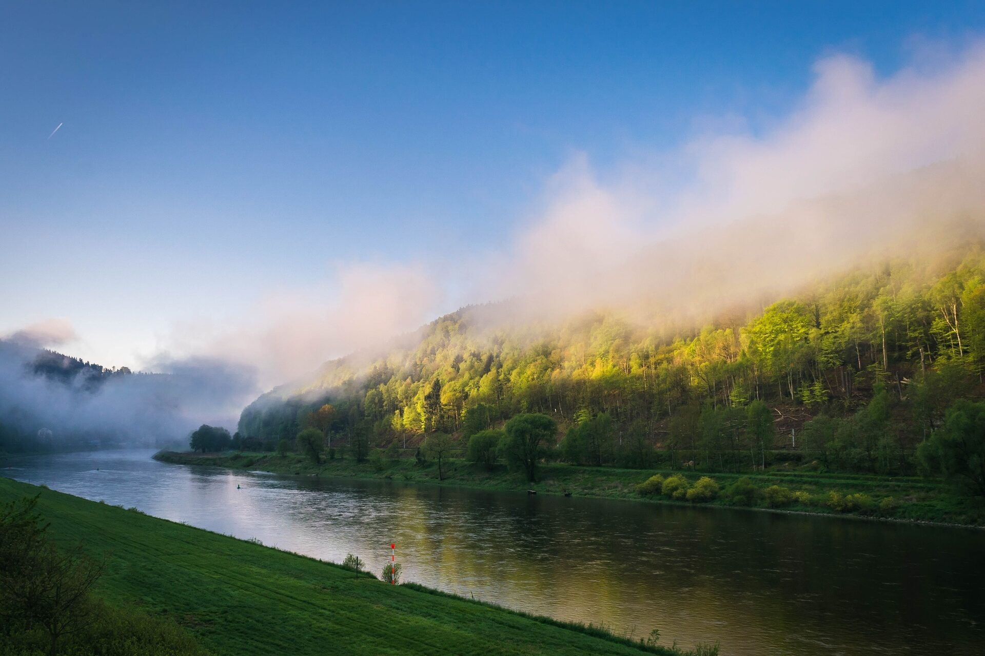 Abbildung der Elbe mit Nebel und Naturlandschaft