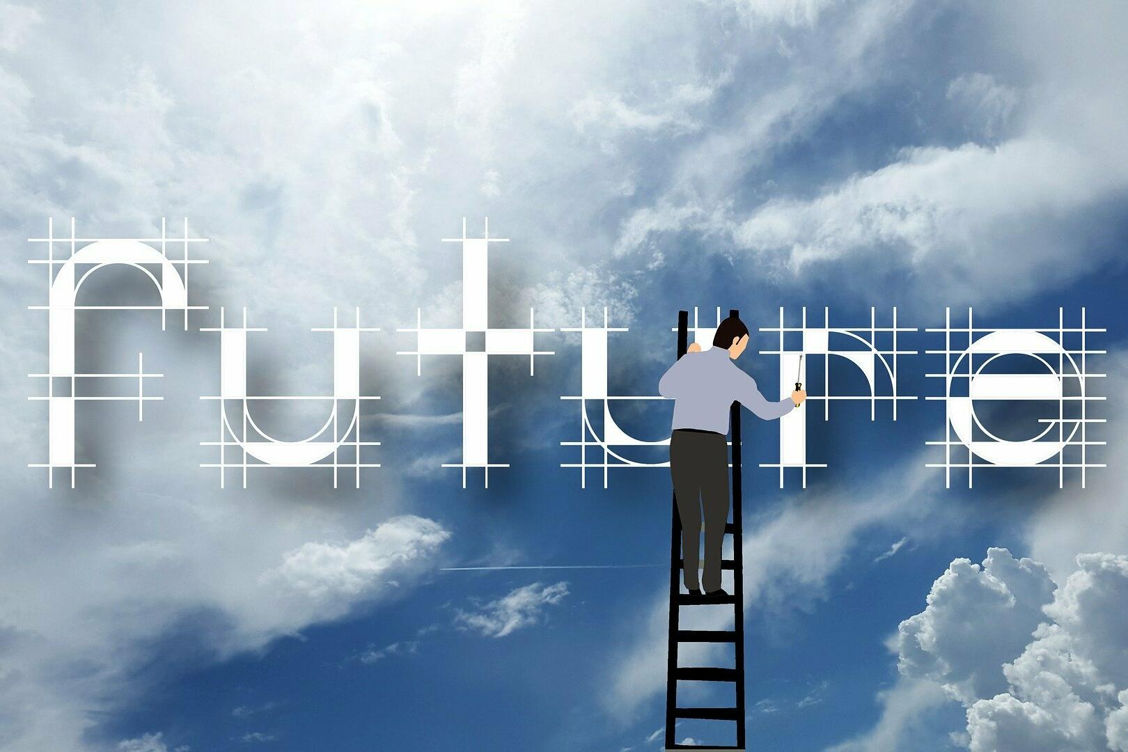 Schriftzug FUTURE vor dem Hintergrund von Wolken