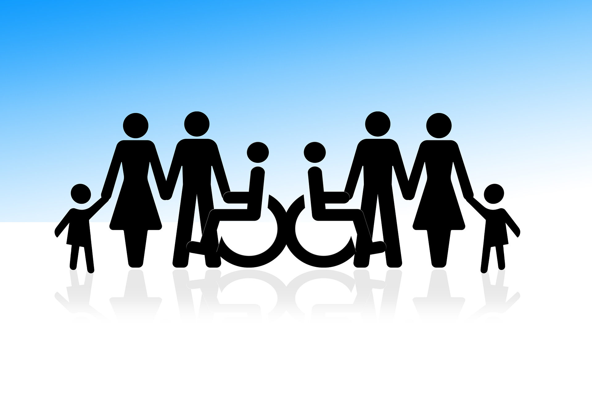 Grafische Gestaltung einer Menschenreihe, in deren zwei Rollstuhlfahrer sind.