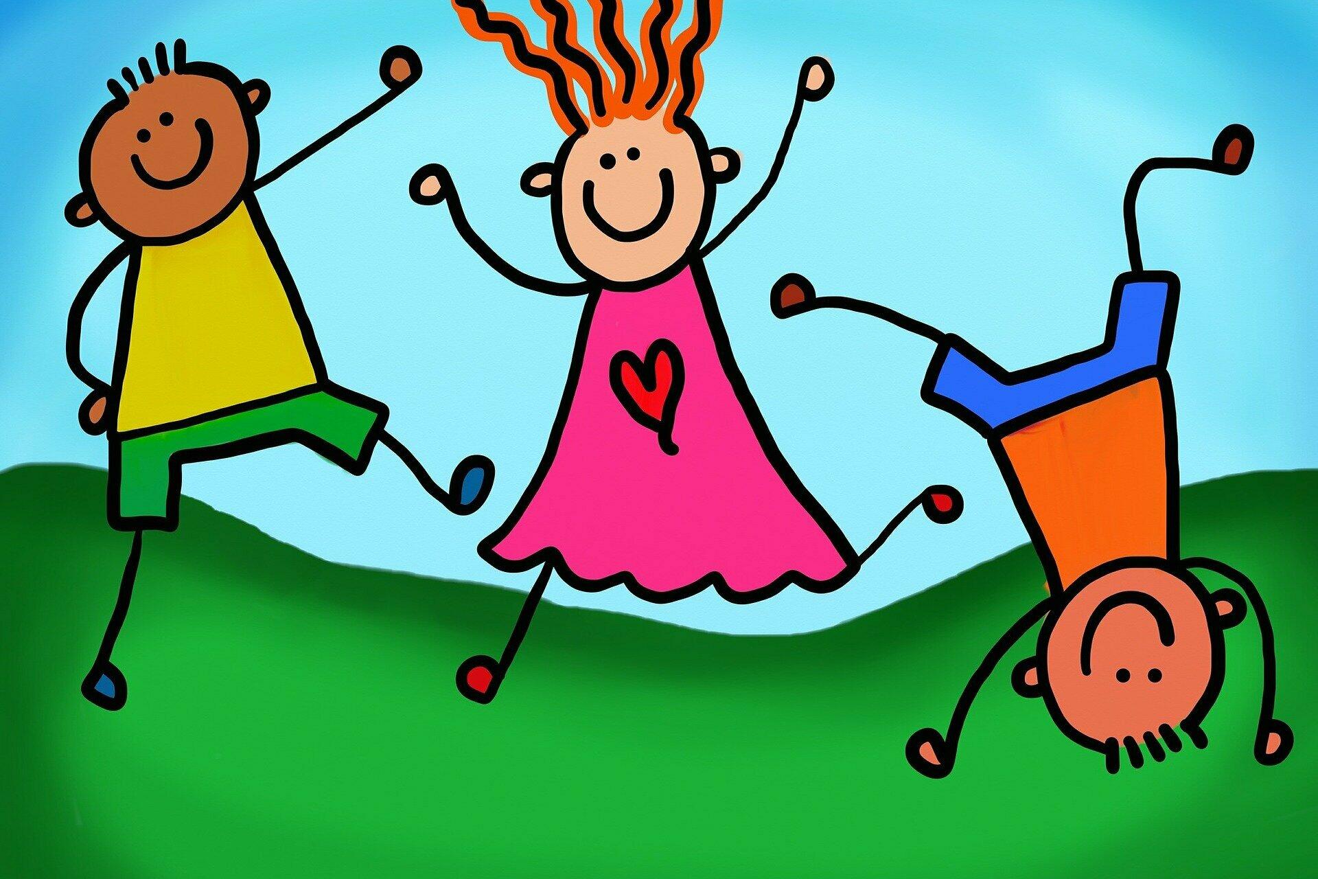 Karikatur von spielenden Kindern auf einer Wiese
