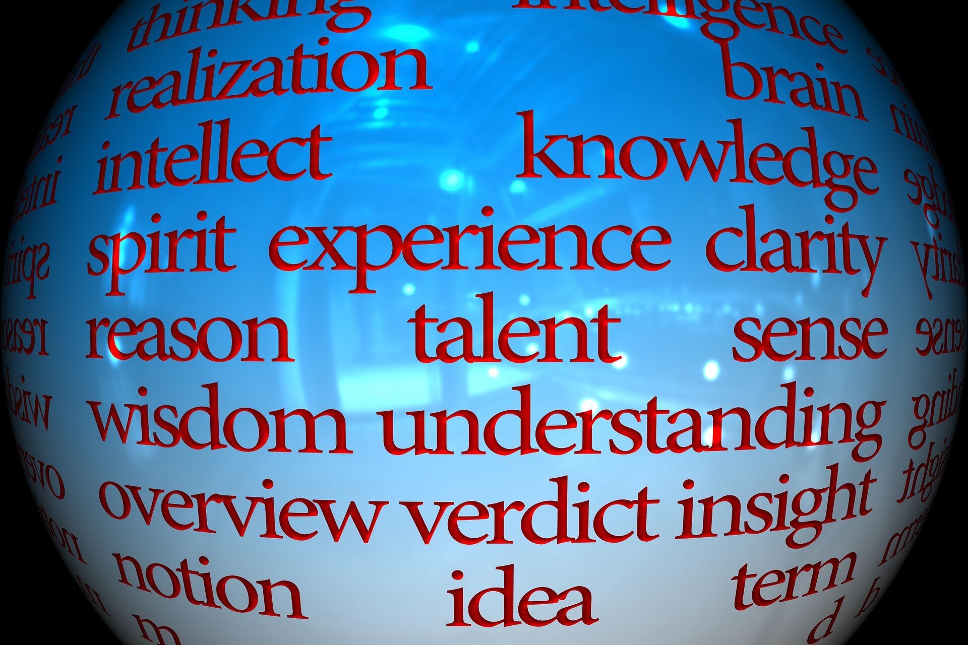 Eine Kugel mit wichtigen Bildungsthemen wie Talent, Understanding, Knowledge, Wisdom