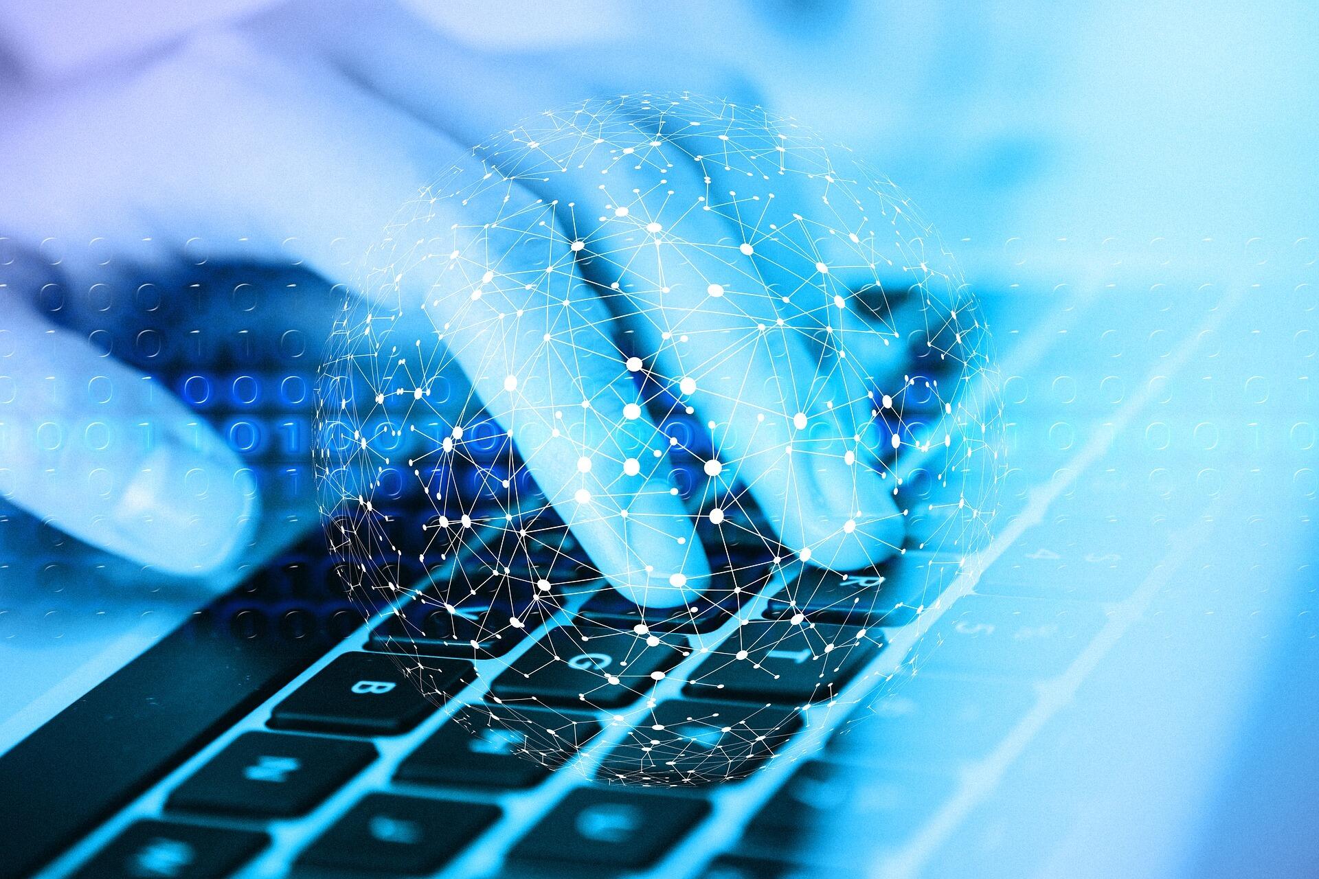 Grafik einer Hand, die auf einer schwarzen Tastatur schreibt, umgeben von Binär-Codes