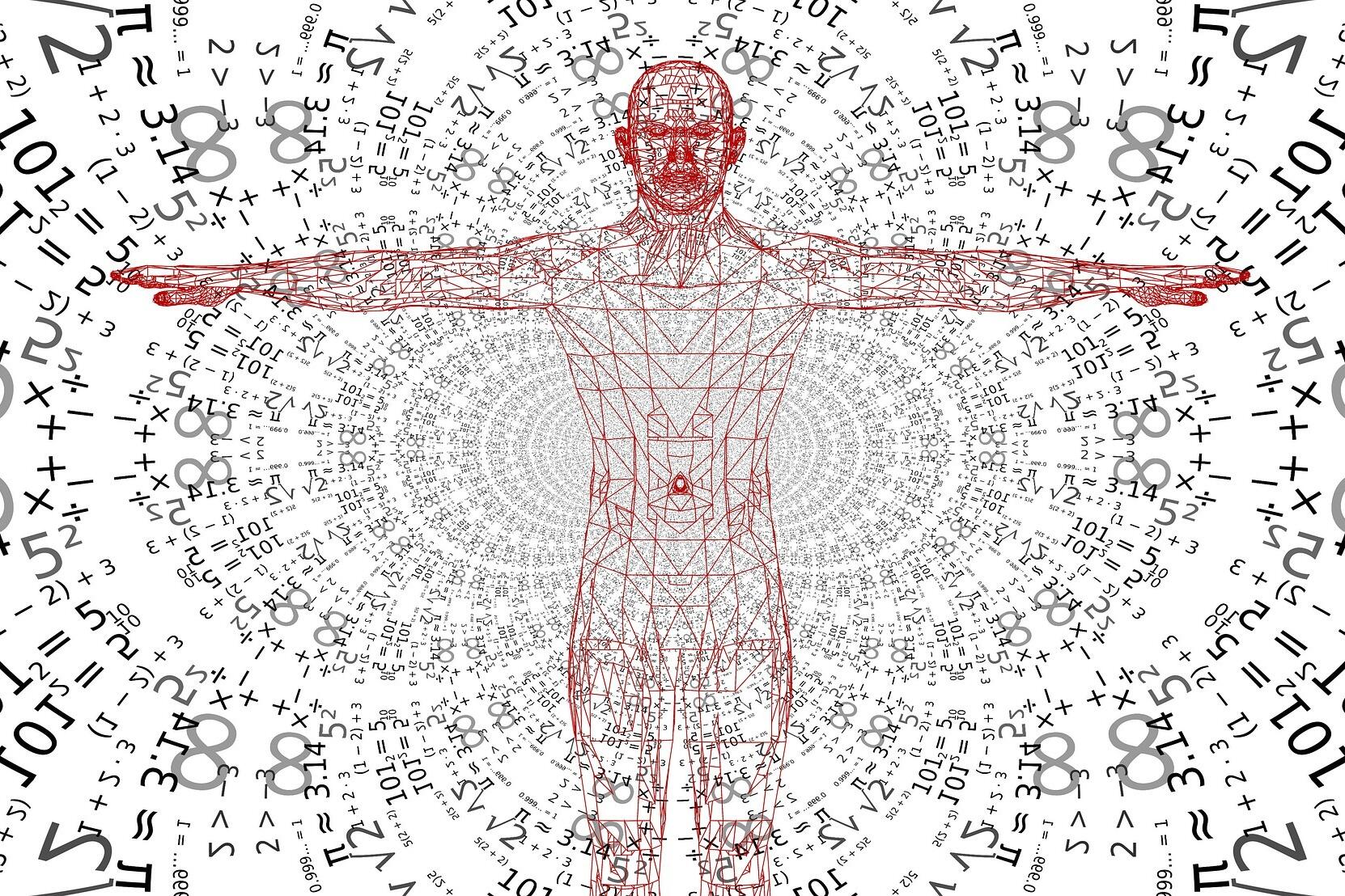 Eine Person als geometrische Figur vor einem Zahlen- und Formelhintergrund.