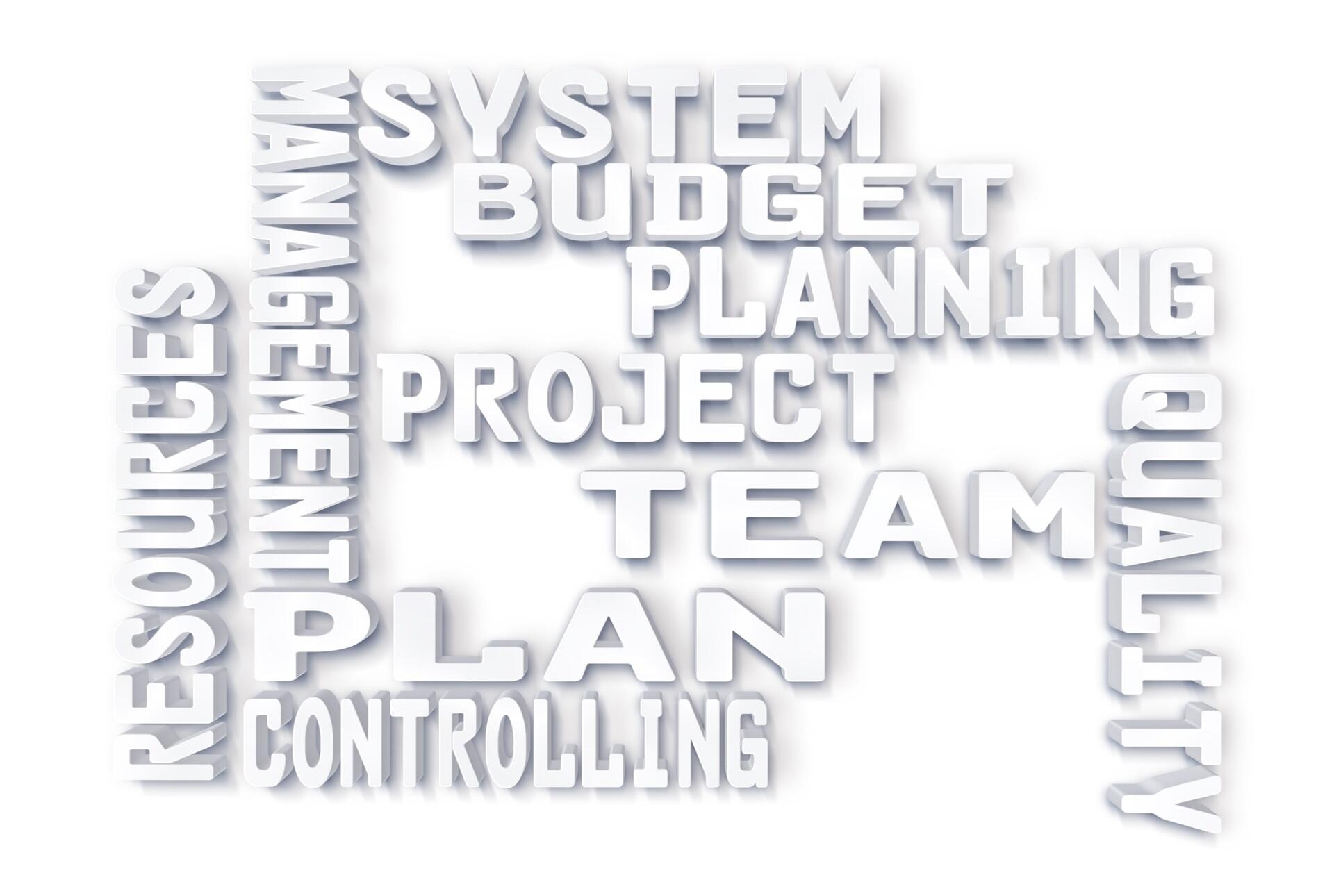 Grafische Anordnung von Wörtern wie "Project", "Quality", "Budget"