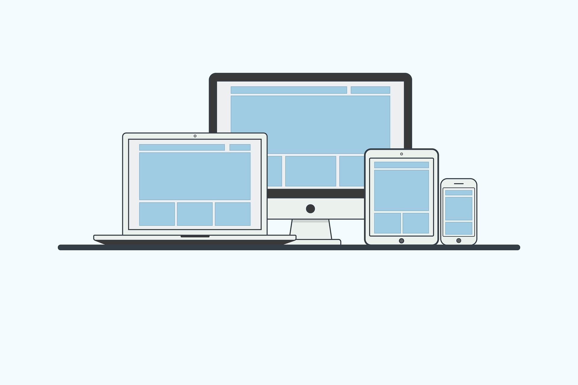 Grafische Darsrtellung eines PCs, Tablets und Handys zur Veranschaulichung, dass Inhalte responsiv vermittelt werden.