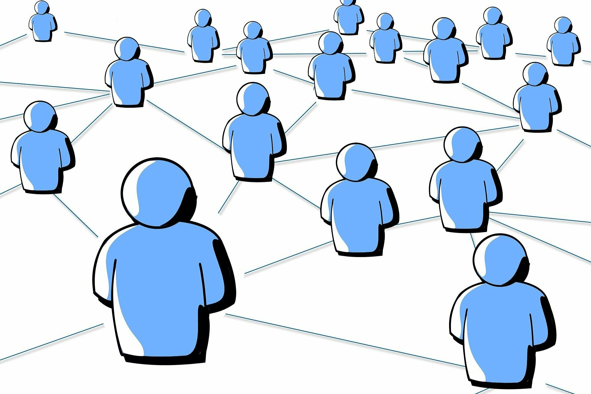 Grafische Darstellung von Personen die mittels Social Media miteinander verknüpft sind.