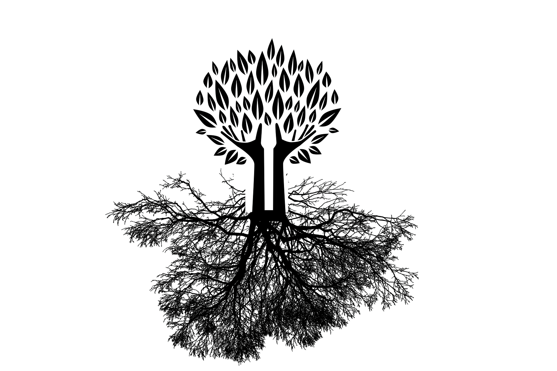 Schwarz-weiß Zeichnung eines Baumes, dessen Blüten auf Händen getragen werden.