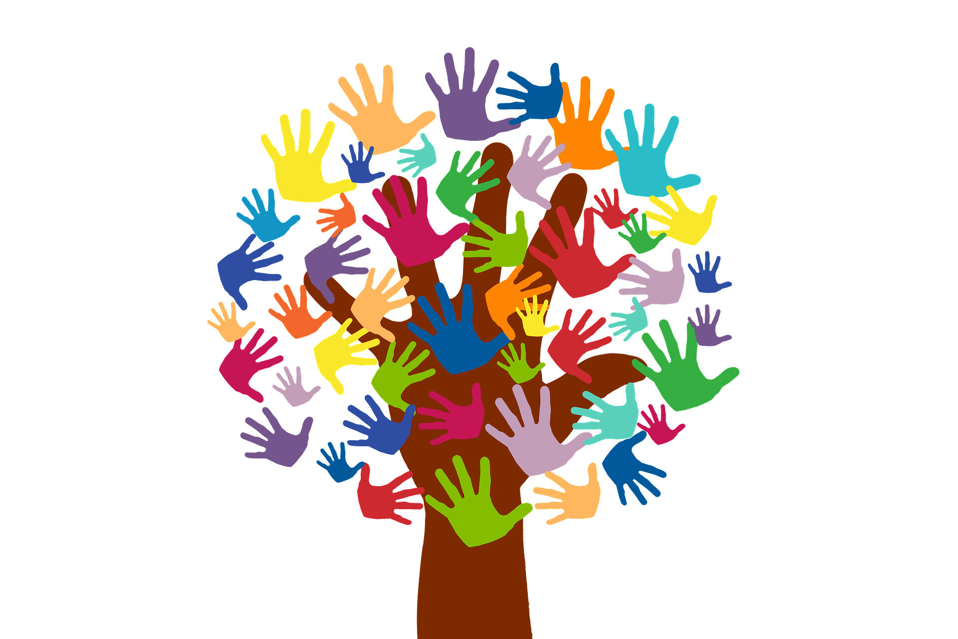 Grafische Darstellung einer braunen Hand, die einen Baum mit Ästen darstellt. Darauf viele kleine bunte Hände, die die Baumkrone bilden.